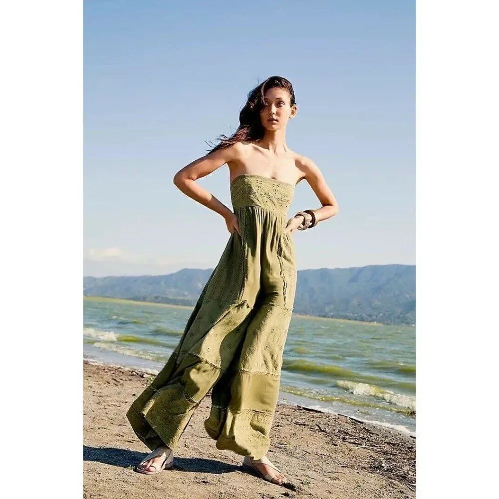 NWT FREE PEOPLE JUMP TO IT JUMPSUIT WIDE LEG PIECED EYELET ONE PIECE JUMPER
